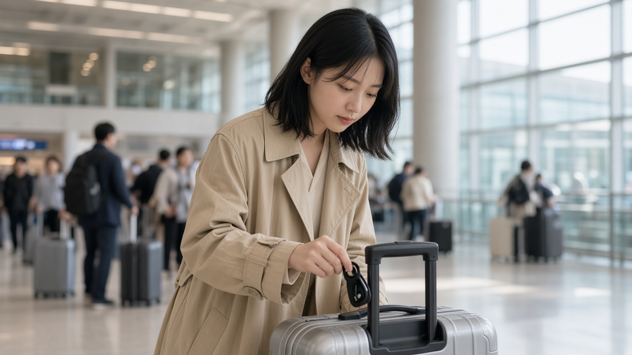 공항 출국장에서 은색 캐리어 손잡이에 검은색 위치 태그를 다는 한국인 20대 여성