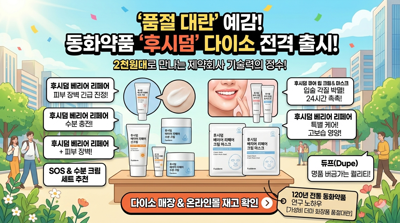 동화약품 '후시덤'의 다이소 전격 출시를 알리는 인포그래픽형 블로그 썸네일 이미지. 상단에는 '품절 대란 예감! 동화약품 '후시덤' 다이소 전격 출시!'라는 타이틀과 함께 '2천원대로 만나는 제약회사 기술력의 정수!'라는 문구가 강조되어 있습니다. 중앙에는 '베리어 리페어' 라인 6종(SOS 크림, 수분 크림, 선크림, 크림 미스트, 비비 크림, 크림 마스크)과 '큐어 립' 라인 2종(립 크림, 립 마스크) 제품 일러스트가 진열되어 있으며, 각 제품에는 '피부 장벽 긴급 진정!', '입술 각질 박멸! 24시간 촉촉!' 등 핵심 효과를 설명하는 말풍선이 달려 있습니다. 오른쪽에는 '듀프(Dupe) 명품 버금가는 퀄리티!'를 강조하는 아이콘이 있고, 하단에는 '다이소 매장 &amp; 온라인몰 재고 확인'으로 연결되는 주황색 버튼과 함께 '120년 전통 동화약품 연구 노하우 [가성비 더마 화장품 품절대란]'이라는 신뢰 Badge가 배치되어 있습니다. 전체적으로 활기찬 다이소 매장과 화사한 봄날의 도시 배경이 어우러진 친근한 일러스트 스타일입니다.