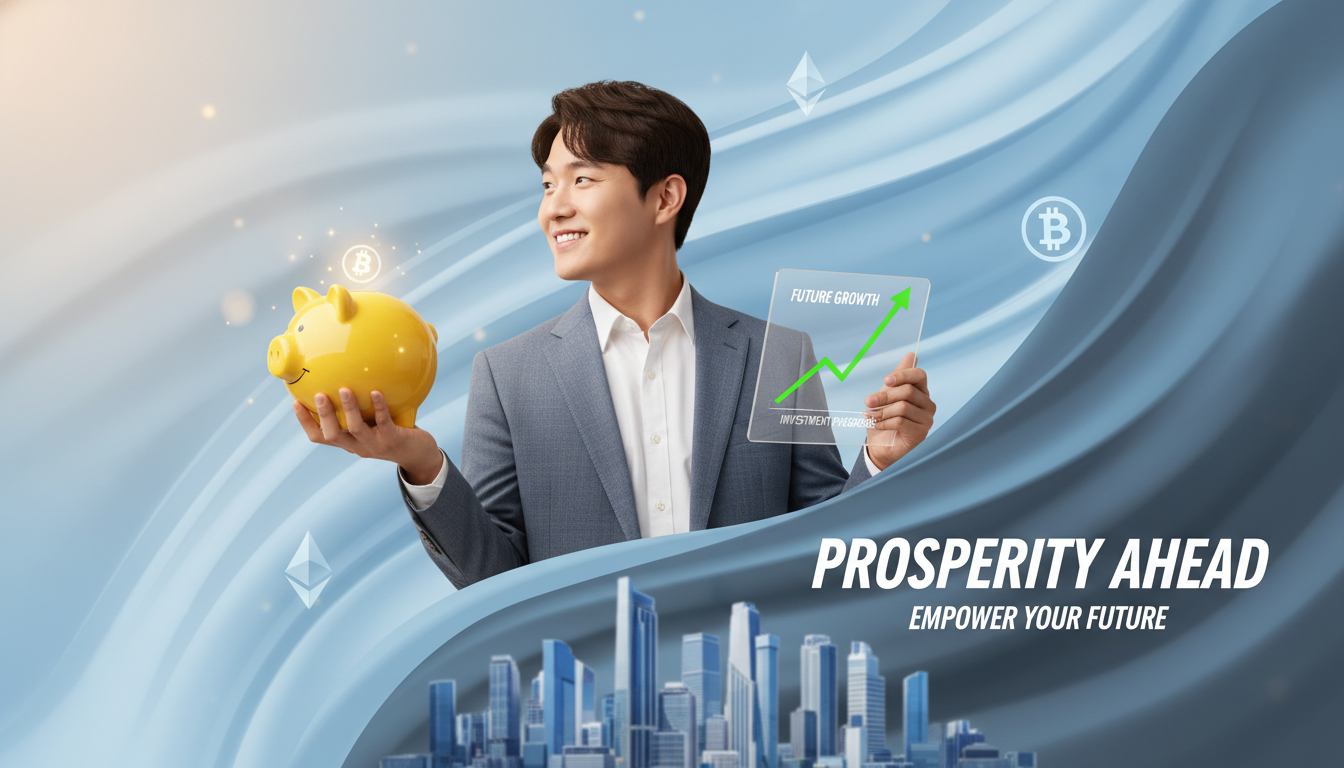 미래를 향해 나아가는 젊은 청년이 돼지 저금통과 성장하는 그래프를 들고 있는 모습. 2026 청년미래적금의 희망적인 미래를 상징합니다.