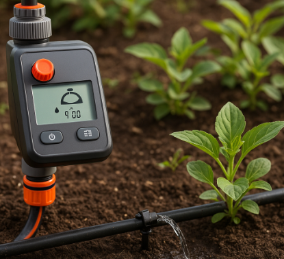 자동 급수 장치가 밭의 식물에 물을 점적 방식으로 공급하는 모습