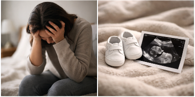 좌절하고 슬퍼하는 엄마와 초음파사진과 아기 신발