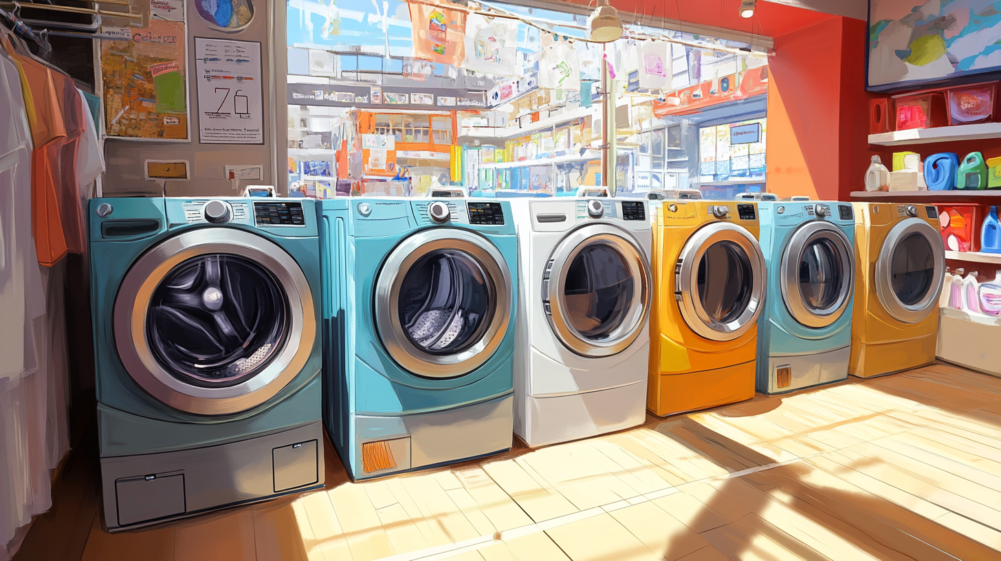 다양한 종류와 크기의 세탁기가 함께 있는 활기찬 세탁 공간으로, 다채로운 색상과 에너지가 넘치는 분위기를 연출합니다.