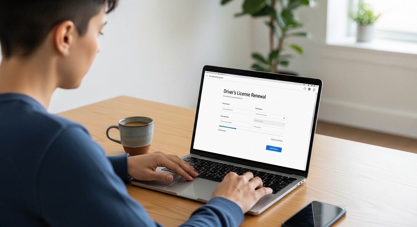 운전면허 갱신 신청서를 노트북에 작성하는 사람