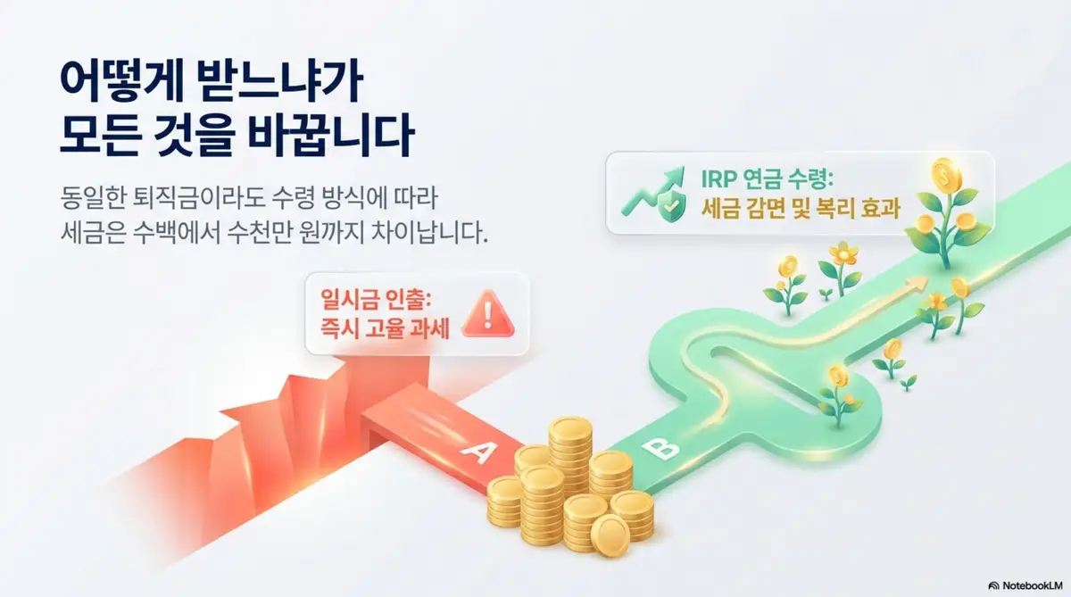 퇴직금 세금: 동일한 퇴직금이라도 수령 방식에 따라 세금은 수백에서 수천만 원까지 차이난다는 내용을 갈림길 그래픽으로 표현한 이미지. 일시금 인출 시 즉시 고율 과세가 적용되고 IRP 연금 수령 시 세금 감면 및 복리 효과를 누릴 수 있다는 퇴직금 수령 방법별 세금 차이를 안내함