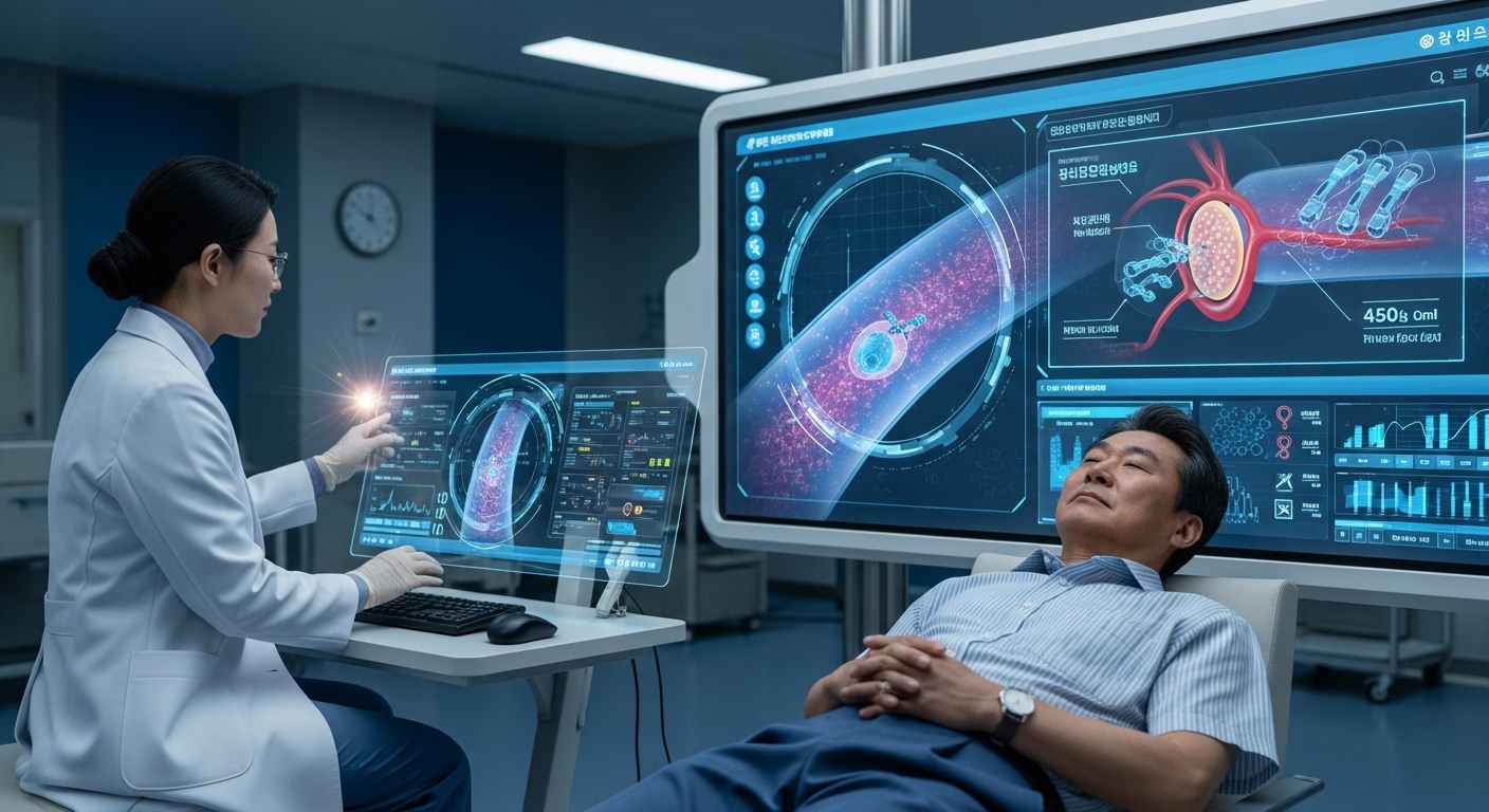 medical professional monitoring a large digital screen displaying real-time data from nanorobots inside a patient's bloodstream