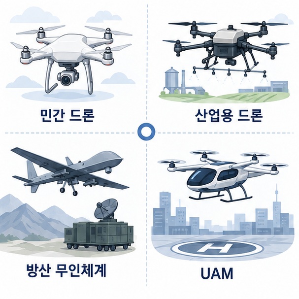 민간용 드론과 산업용 드론, 군용 무인기, UAM 기체를 나란히 배치해 같은 드론 테마 안에서도 사업 분야가 서로 다름을 보여 주는 그림