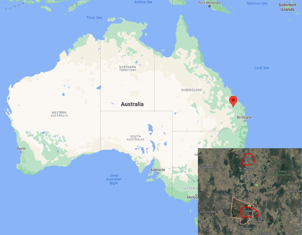 희귀거미 발견지역 지도 - 호주 퀸즐랜드 Eidsvold 와 Monto