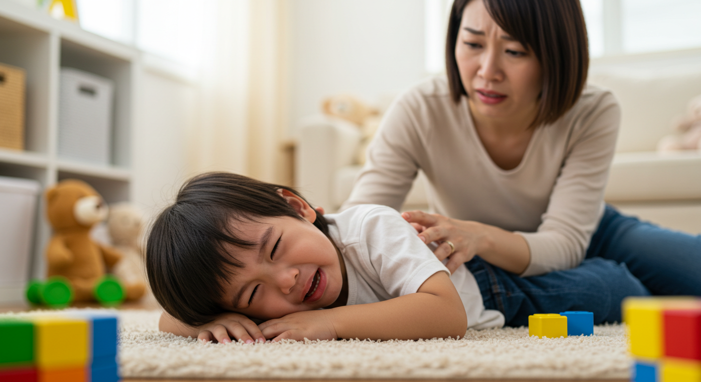 떼쓰고 있는 아이 모습. 엄마가 걱정스레 처다보고 있다.