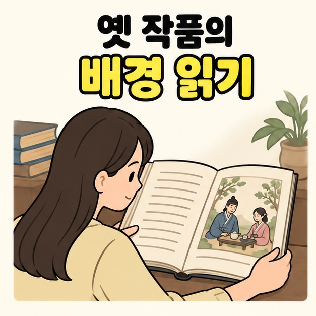 옛 작품의 배경 읽기라는 문구 아래 여성이 차를 마시는 옛 부부의 삽화가 있는 작품집을 읽는 그림