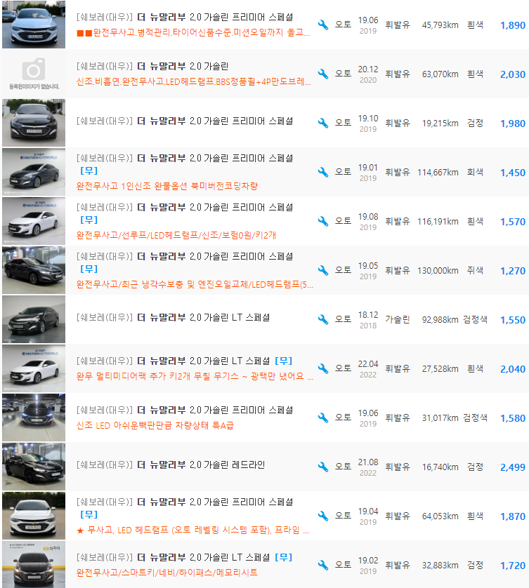 더 뉴 말리부 2.0 가솔린 등급 중고차 가격 : 1,270만원 ~ 2,499만원