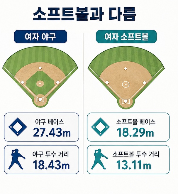 여자야구와 여자 소프트볼의 베이스 간 거리와 투수 거리가 서로 다르다는 점을 두 경기장으로 비교한 이미지