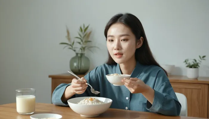 스케일링 후 죽을 먹으며 조심스럽게 식사하는 모습