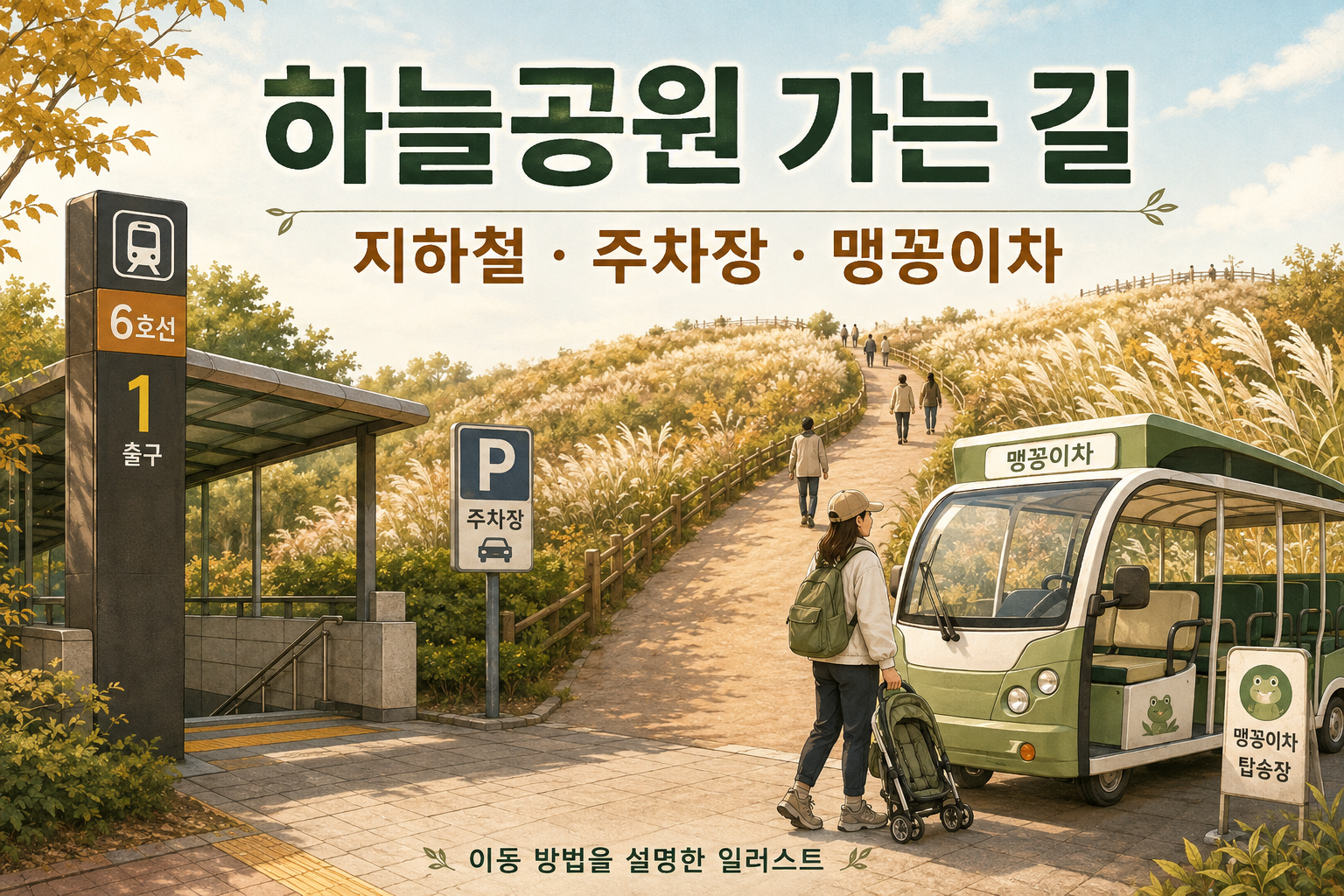 지하철 출구, 주차 표지, 전기차와 언덕길을 함께 그린 이동 방법 설명용 일러스트