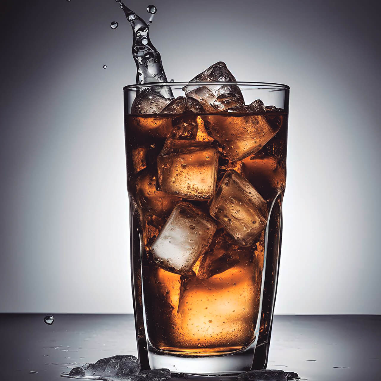 탄산음료가 얼음과 같이 컵에 들어 있는 사진