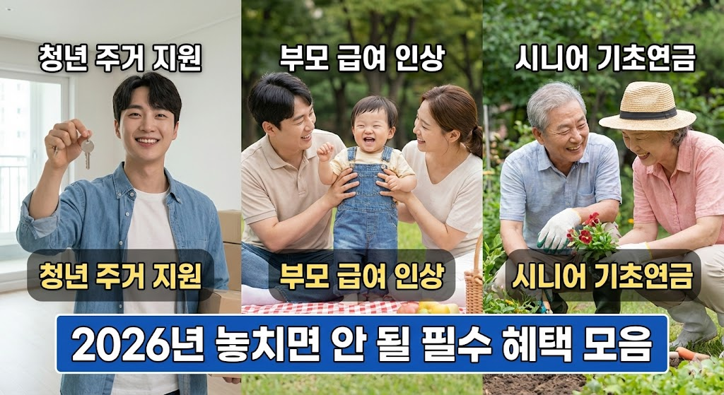 환하게 웃고 있는 청년 직장인, 아기를 안고 있는 엄마, 공원을 산책하는 노부부의 모습이 담긴 따뜻한 분위기의 사진.