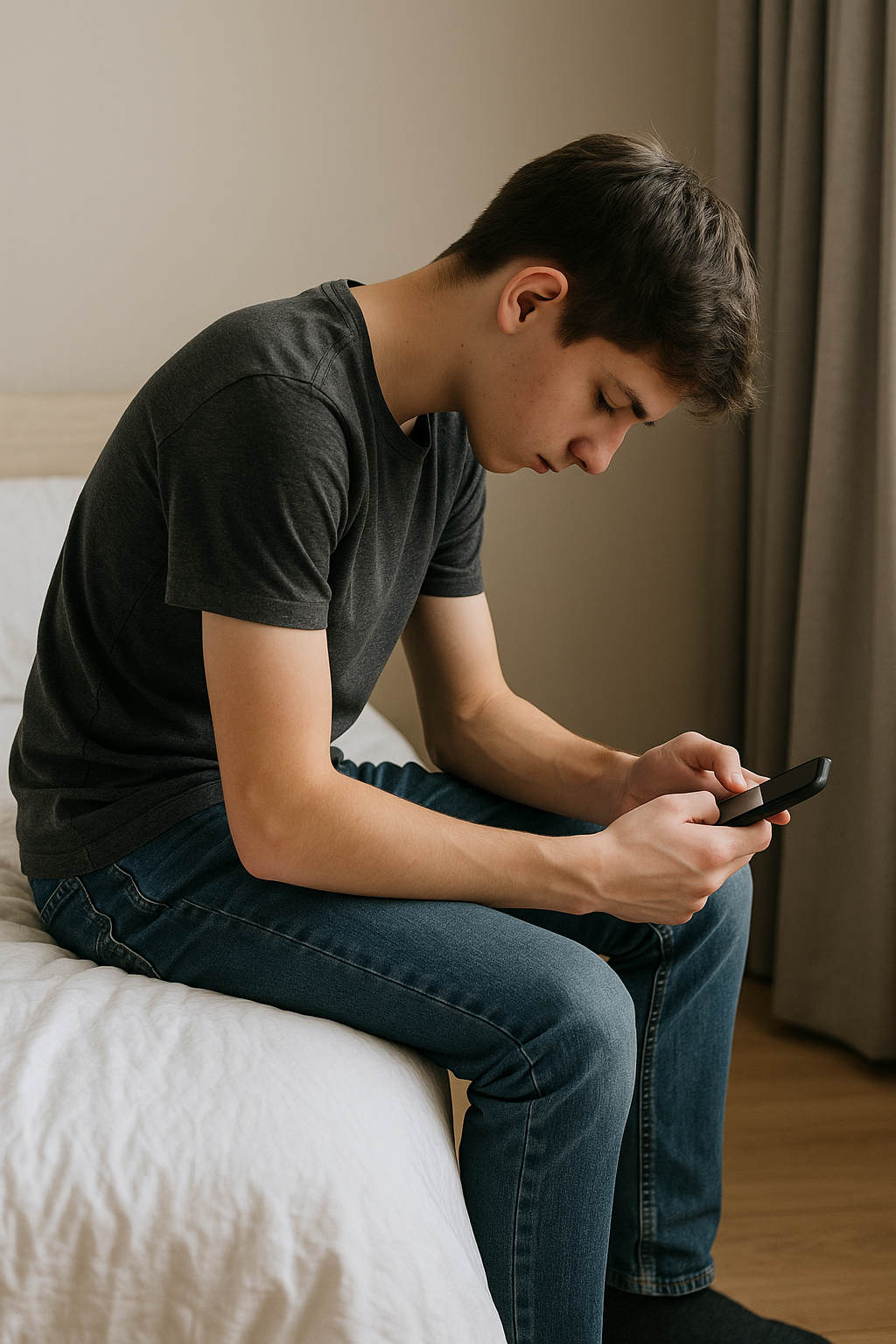 청소년이 침대에 앉아서 핸드폰을 하고있는 이미지