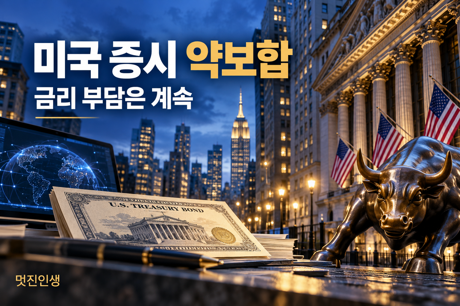 뉴욕 금융가와 국채 문서를 배경으로 미국 증시 약보합과 금리 부담을 표현한 이미지
