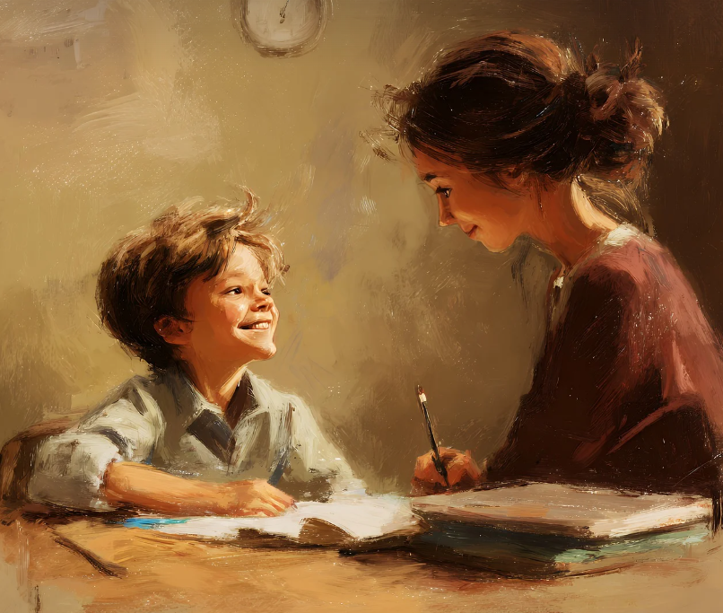 사춘기 부모 가이드 2025 (감정, 규칙, 신뢰), 아이와 엄마가 서로 책상에서 공부하며 따뜻한 시선으로 바로보고 있는 그림사진