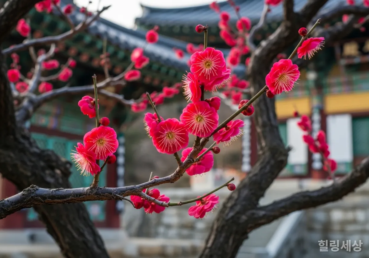 양산 통도사의 고즈넉한 사찰을 배경으로 붉게 피어난 홍매화(자장매) 근접 촬영
