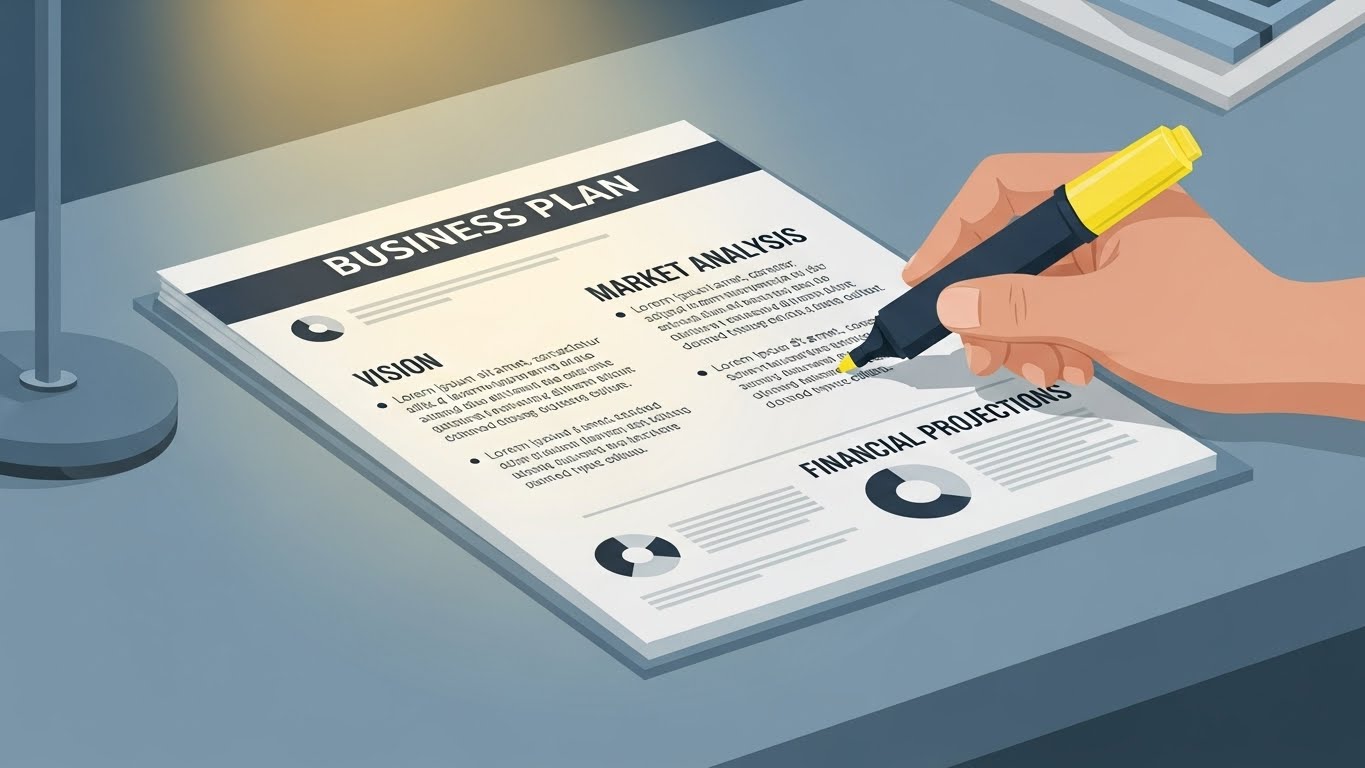 핵심 내용을 강조한 잘 구성된 사업계획서와 하이라이트펜.