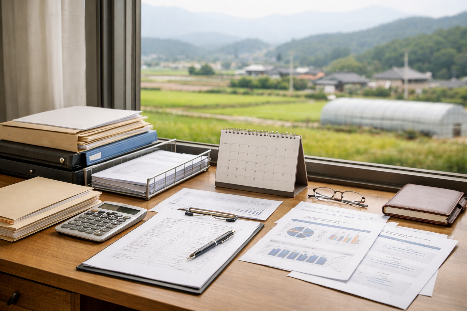 농촌 풍경이 보이는 창가 책상 위에 서류와 달력이 놓여 있고 귀농 신청 시기를 검토하는 행정 준비 환경