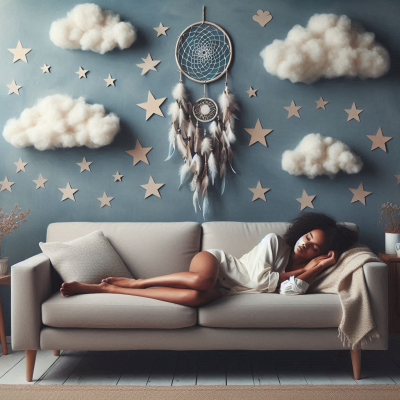 꿈의 사다리와 구름이 가득한 따뜻한 분위기의 공간입니다.