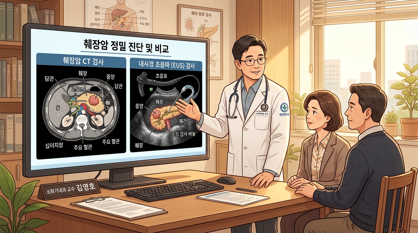 밝고 신뢰감 있는 병원 진료실에서 의사 선생님이 컴퓨터 모니터를 통해 종양 표지자 CA19-9 수치 결과와 복부 CT 촬영 영상을 보며 췌장암 검사 방법 가이드 수칙을 환자에게 친절하게 설명해 주는 2D 일러스트 이미지.