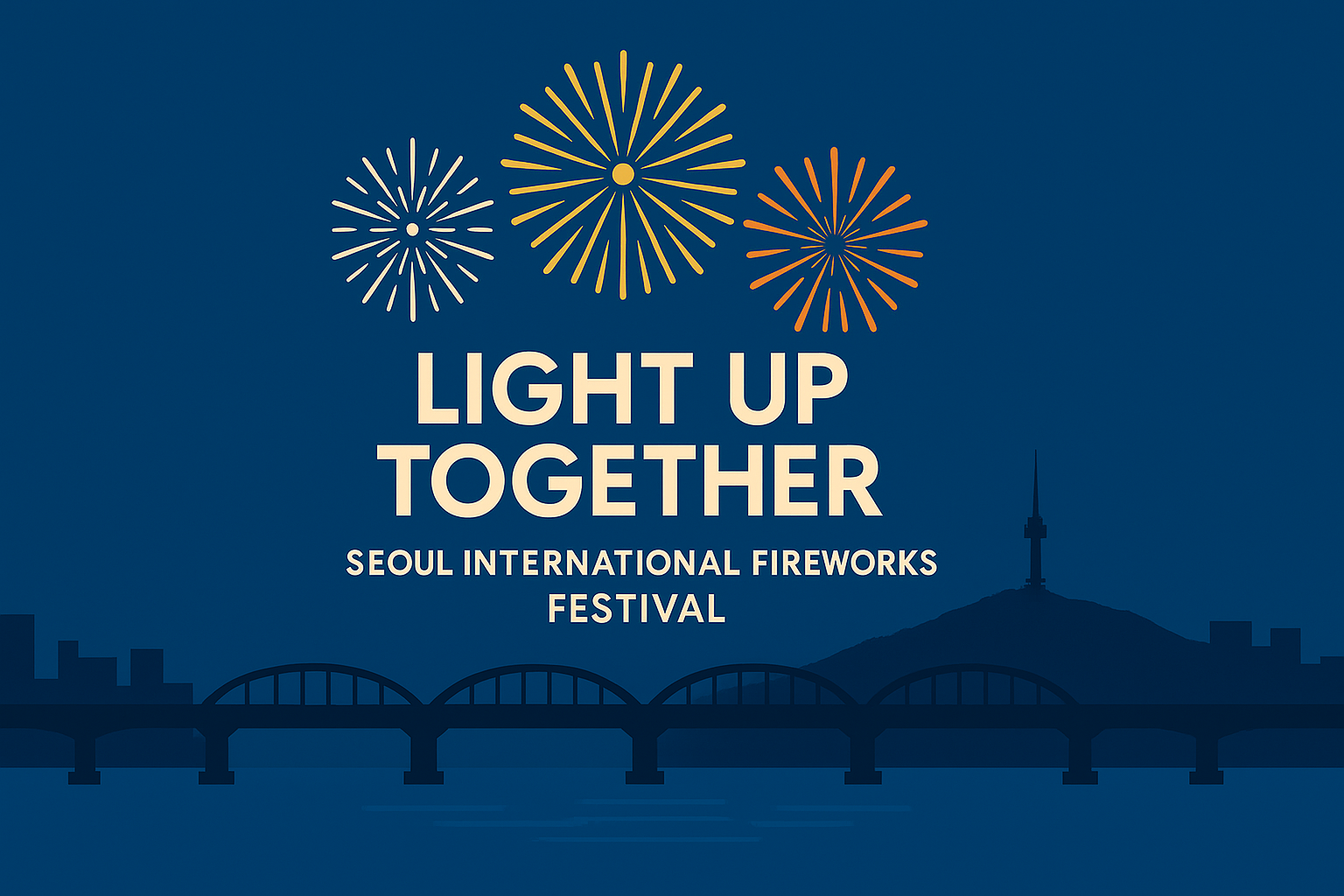 LIGHT UP TOGETHER’ 타이포그래피와 한강 다리 실루엣, 심볼형 불꽃 아이콘