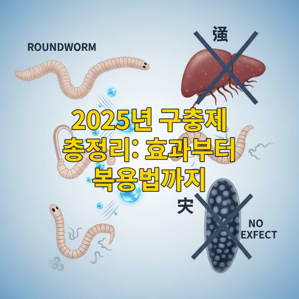 다양한 장내 기생충(회충, 요충, 십이지장충, 편충)이 구충제에 의해 제거되는 모습과 간디스토마가 구충제에 영향을 받지 않는 모습을 시각적으로 보여주는 현대적인 일러스트.