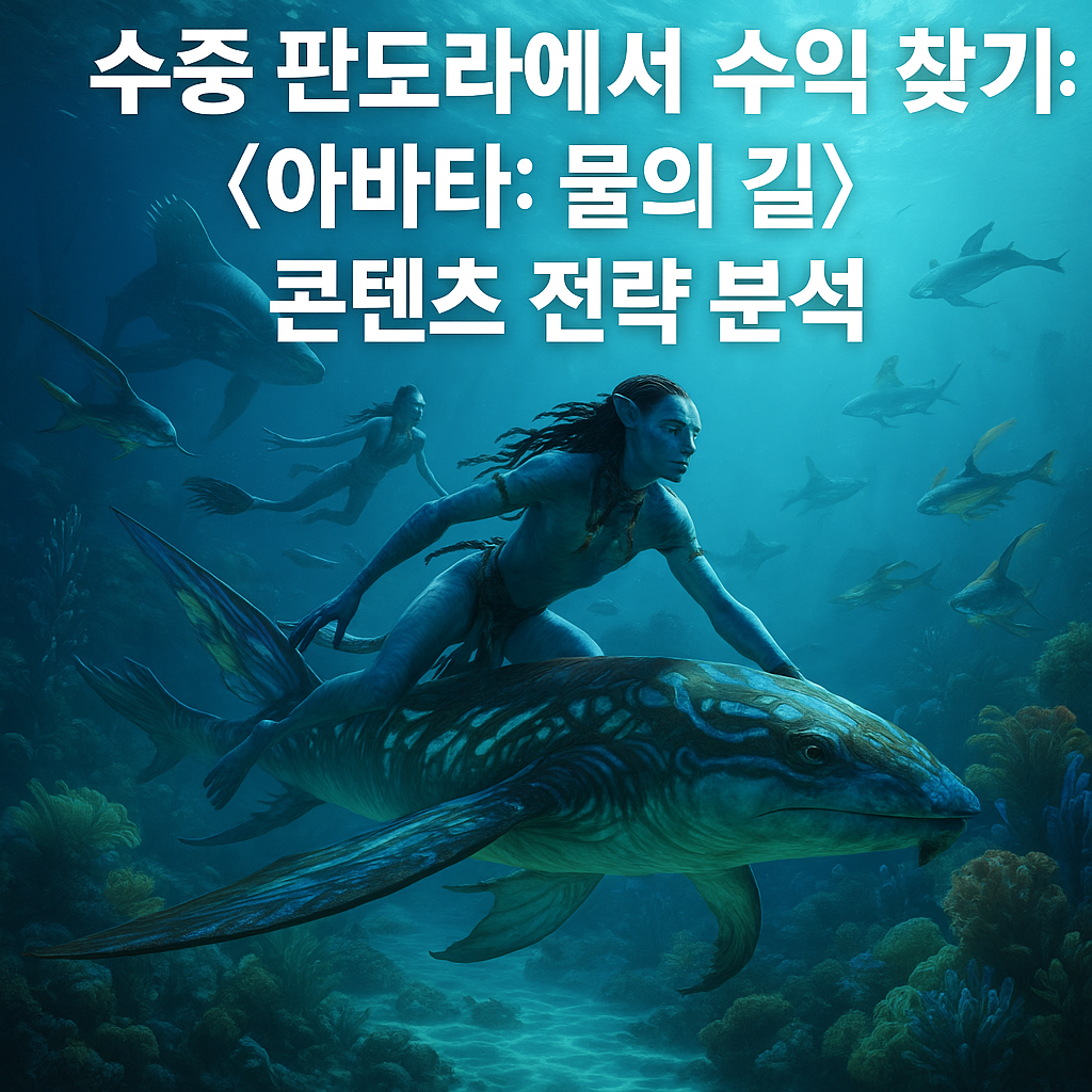 수중 세계에서 나비족이 해양 생명체와 함께 유영하는 장면