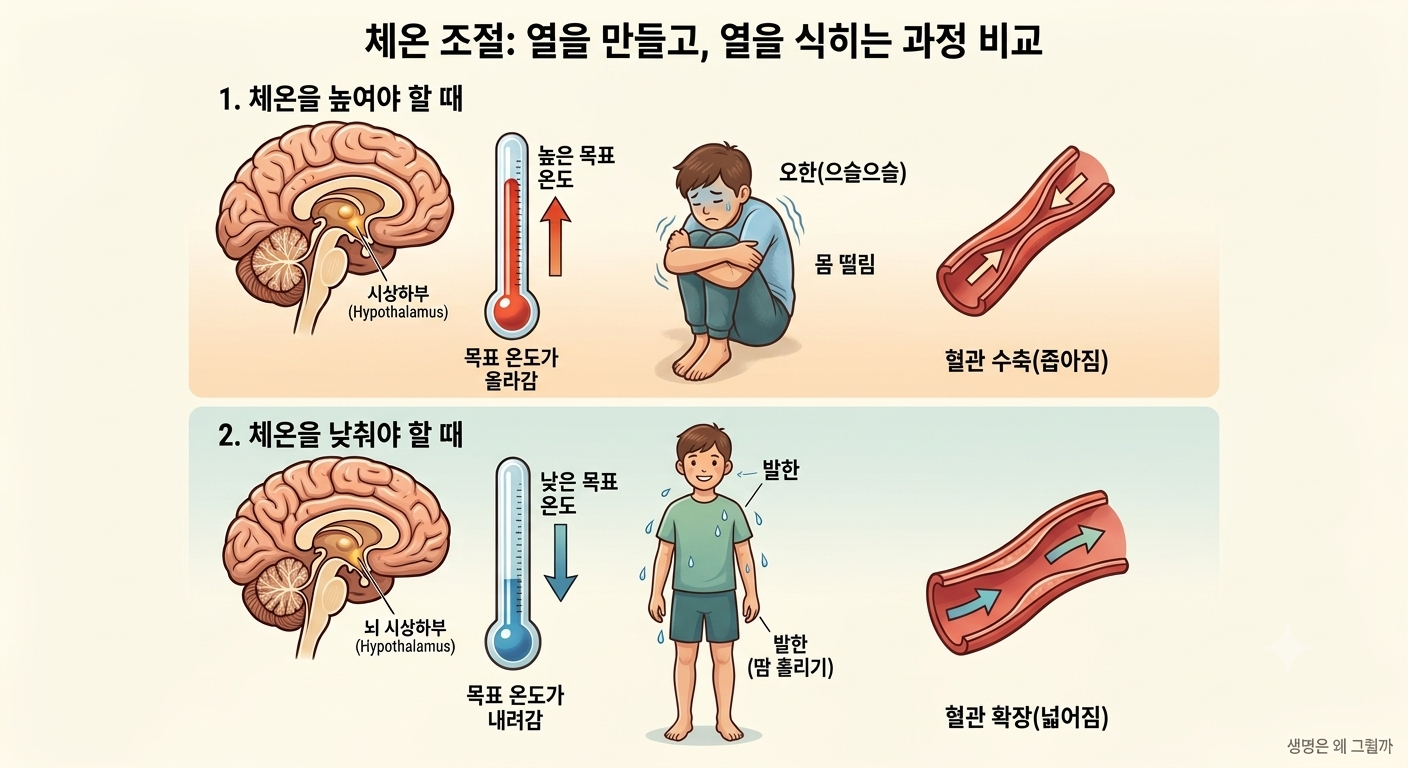 체온 상승 시 오한&middot;혈관 수축&middot;떨림이 나타나고, 체온 설정점이 다시 내려갈 때 혈관 확장&middot;발한으로 열을 내보내는 과정 비교