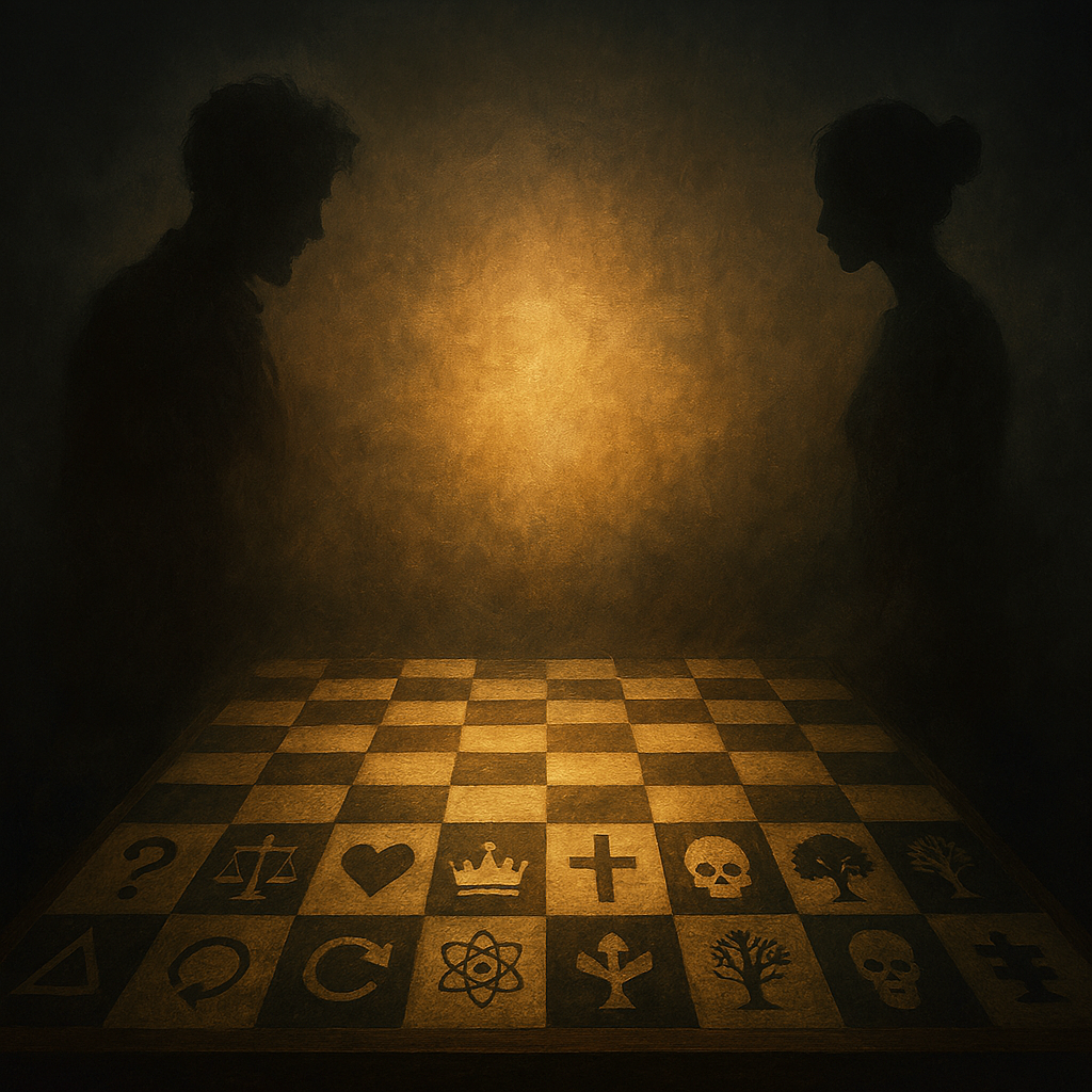 alt: 체스판 위의 두 그림자로 표현한 철학적 대결
