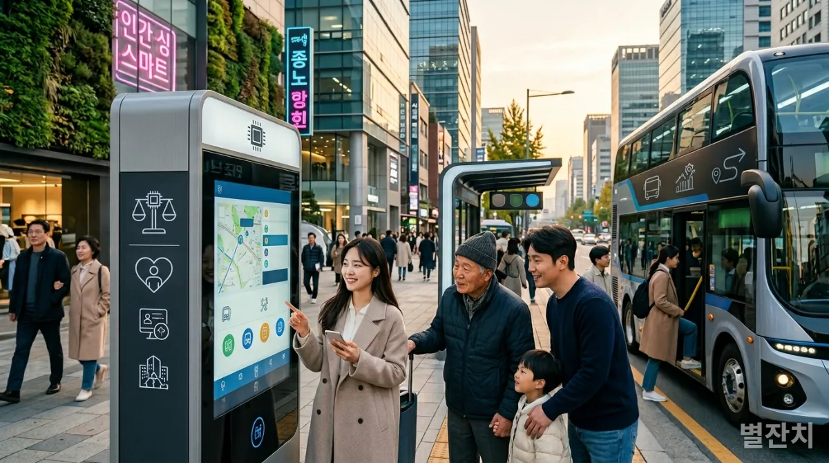 윤리적 AI 개발과 인간 중심 AI 활용이 조화된 한국의 미래 도시 모습