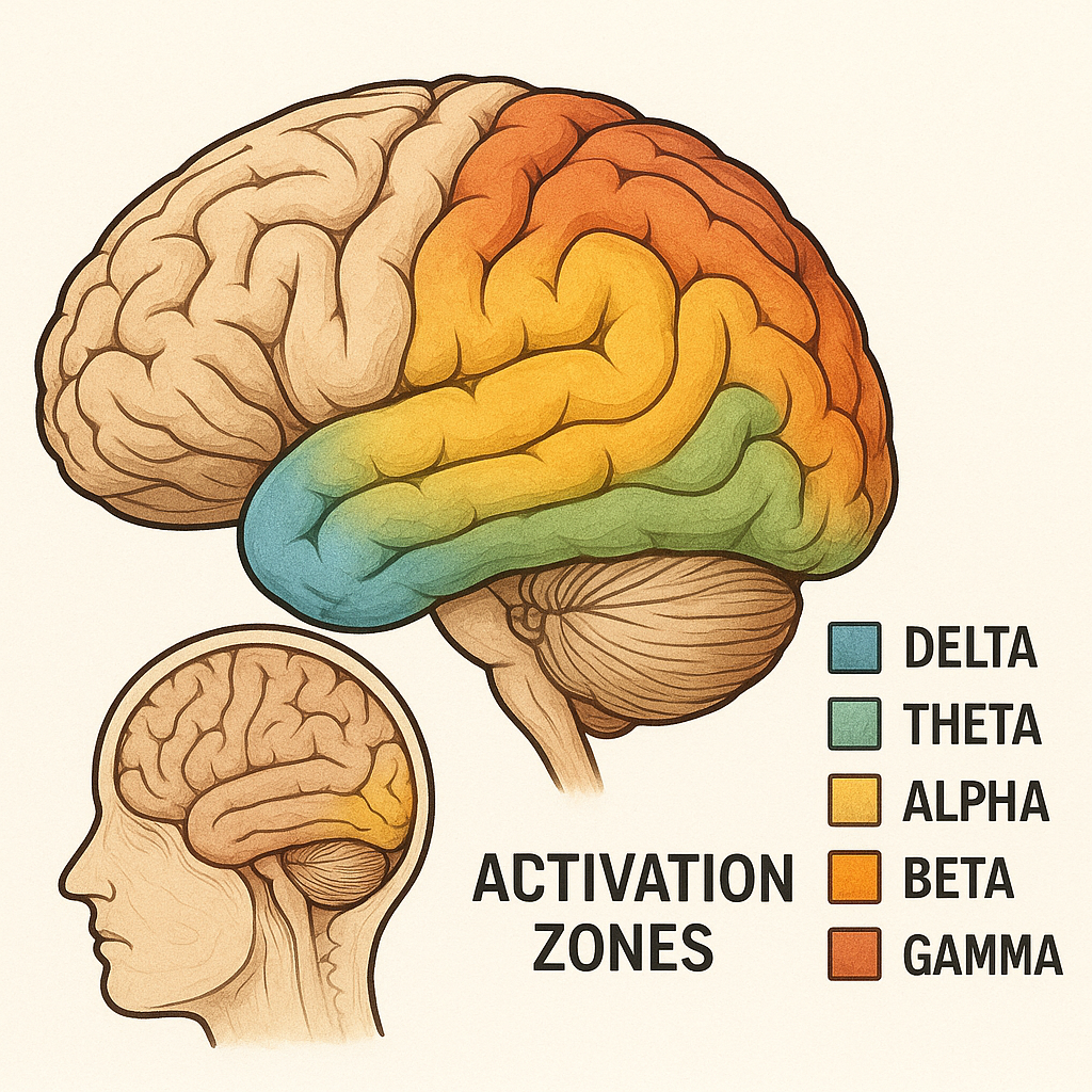뇌파별 뇌 영역 활성화 패턴을 보여주는 뇌 지도
