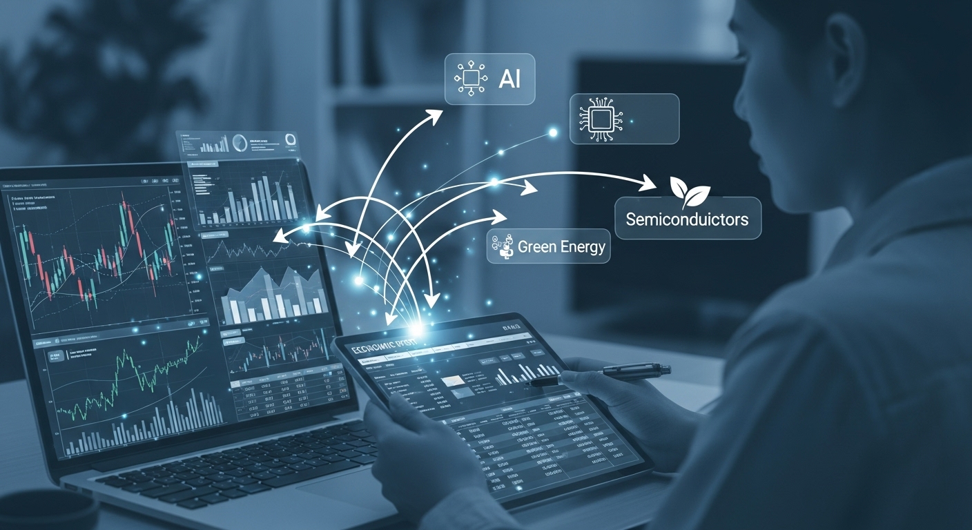다양한 금융 차트와 경제 보고서를 분석하며 2025년 하반기 투자 전략을 수립하는 투자자의 모습