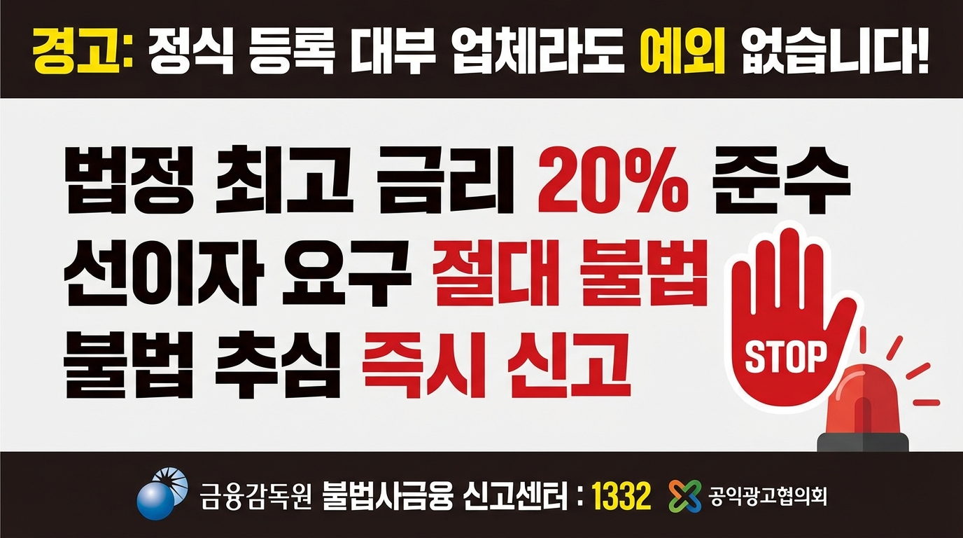 정식 등록 대부 업체라 하더라도 법정 최고 금리를 준수해야 하며, 선이자 및 불법 추심 요구 시 신고해야 함을 경고하는 이미지