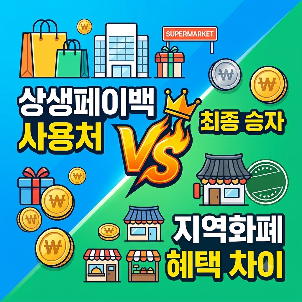 '상생페이백 사용처 vs 지역화폐 혜택 차이 최종 승자'라는 문구와 함께 상점, 동전, VS 아이콘이 배치된 비교 썸네일 이미지.