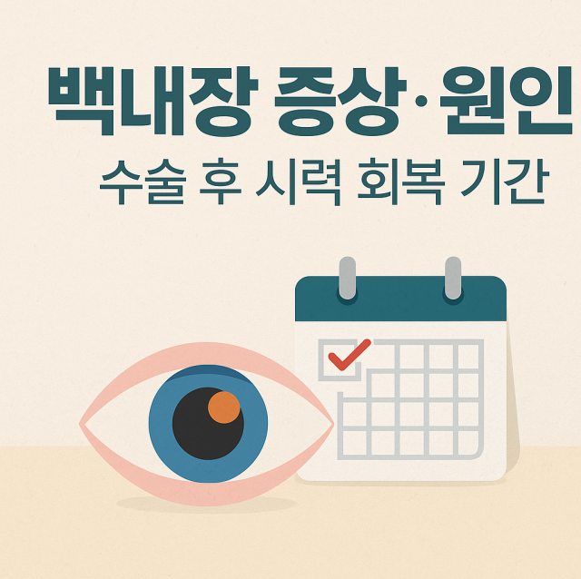 백내장의 증상과 원인, 수술 후 시력 회복 기간을 설명하는 대표 이미지로 눈 건강과 회복 과정을 강조한 그림