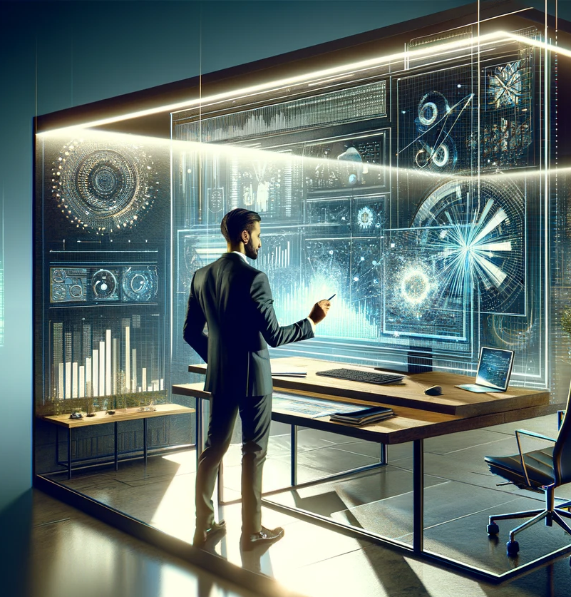 About Us_디스플레이 앞에 서 있는 남자