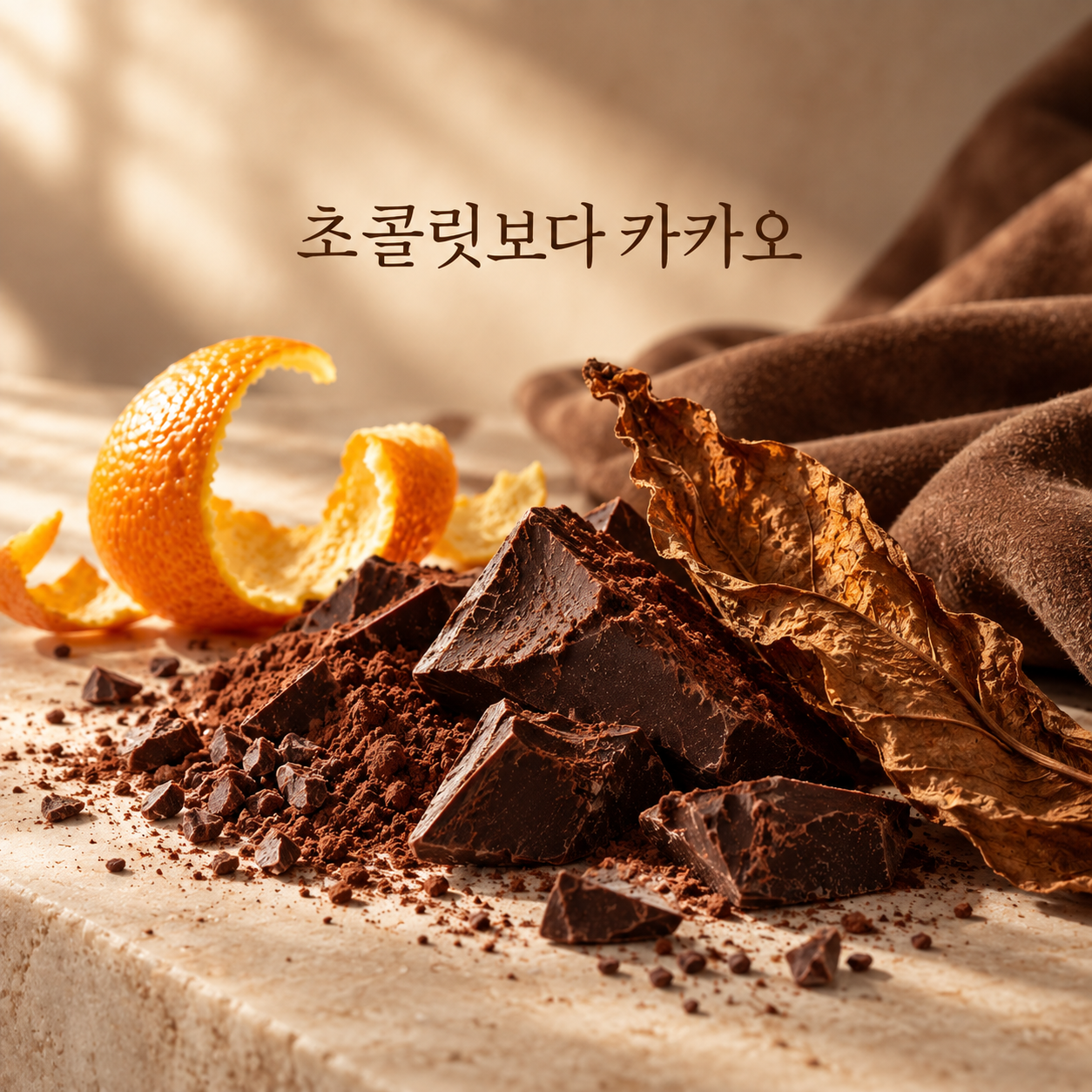 카카오와 다크초콜릿, 오렌지 껍질과 따뜻한 갈색 질감으로 표현한 토바코 쇼콜라의 분위기