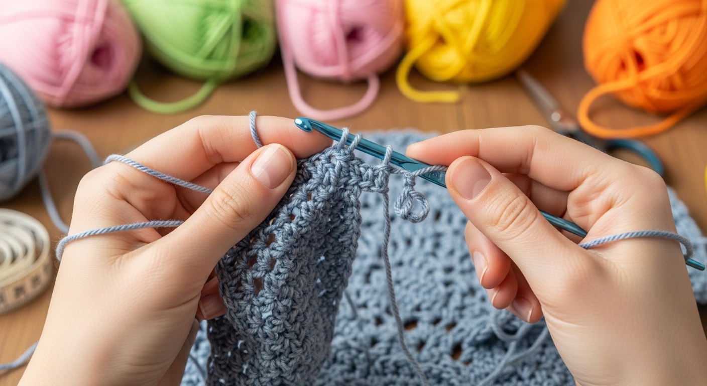 코바늘 초보자가 엉킨 블루-그레이 실을 풀며 씨름하고 있는 손과 어지러운 뜨개질 작업 공간.