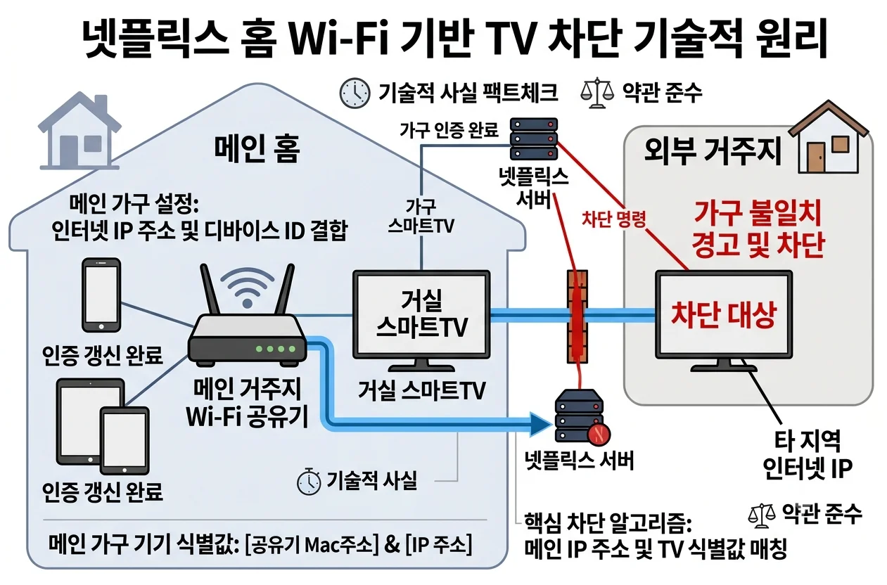 넷플릭스 가구 판정 IP 주소 및 스마트TV 고유 디바이스 ID 차단 구조도
