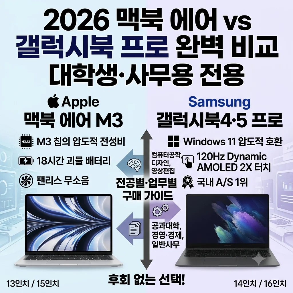 2026 맥북 에어 M3 vs 갤럭시북4 5 프로 비교 대학생 사무용 노트북 배터리 호환성 시세 가이드