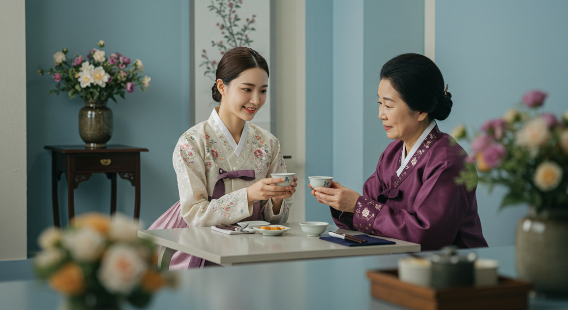 한국 명절 술예절 배우는 여성