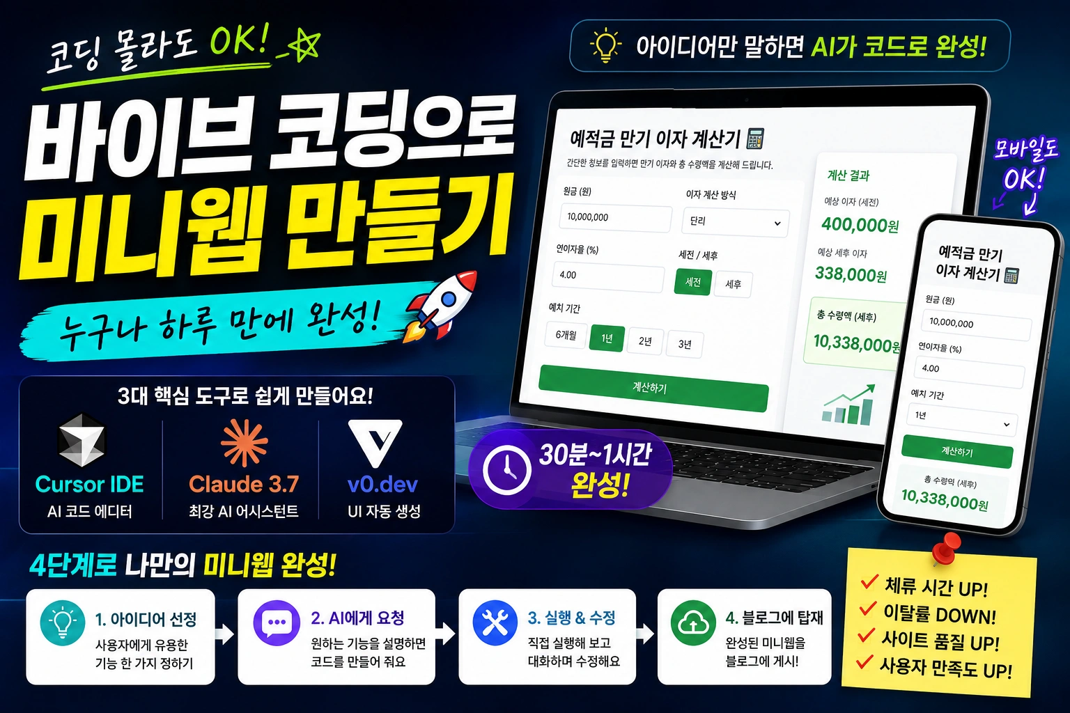 "코딩 몰라도 OK! 바이브 코딩으로 미니웹 만들기 - 예적금 만기 이자 계산기 화면과 3대 핵심 도구 아이콘이 포함된 블로그 대표 썸네일"