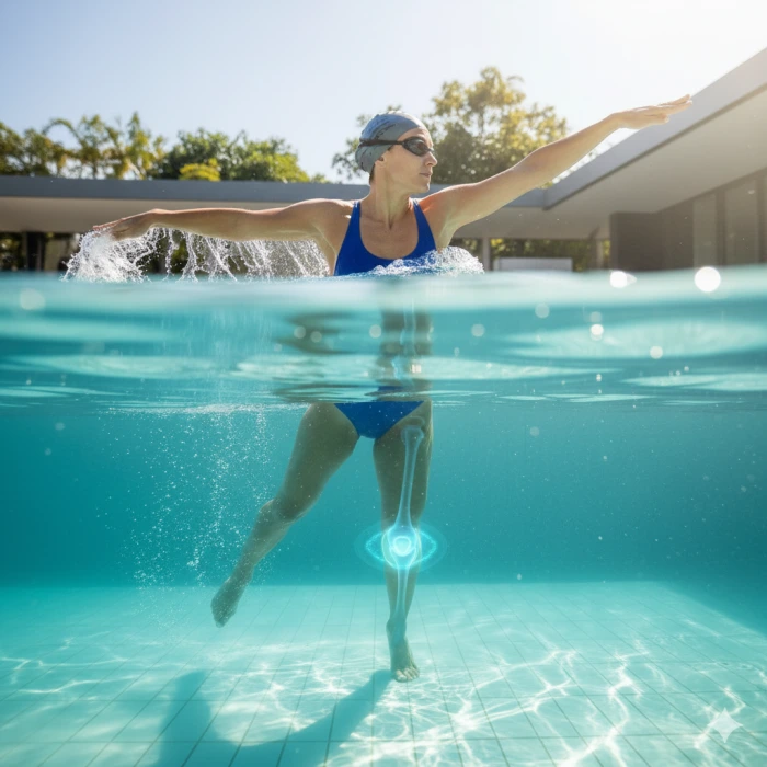 한 여성이 수영모자와 고글을 착용하고 수영장에서 물속에서 팔을 뻗으며 수영하고 있습니다. 물 위와 아래의 모습이 함께 보이며, 물속에 있는 그녀의 무릎 관절 부분이 빛나고 있습니다.