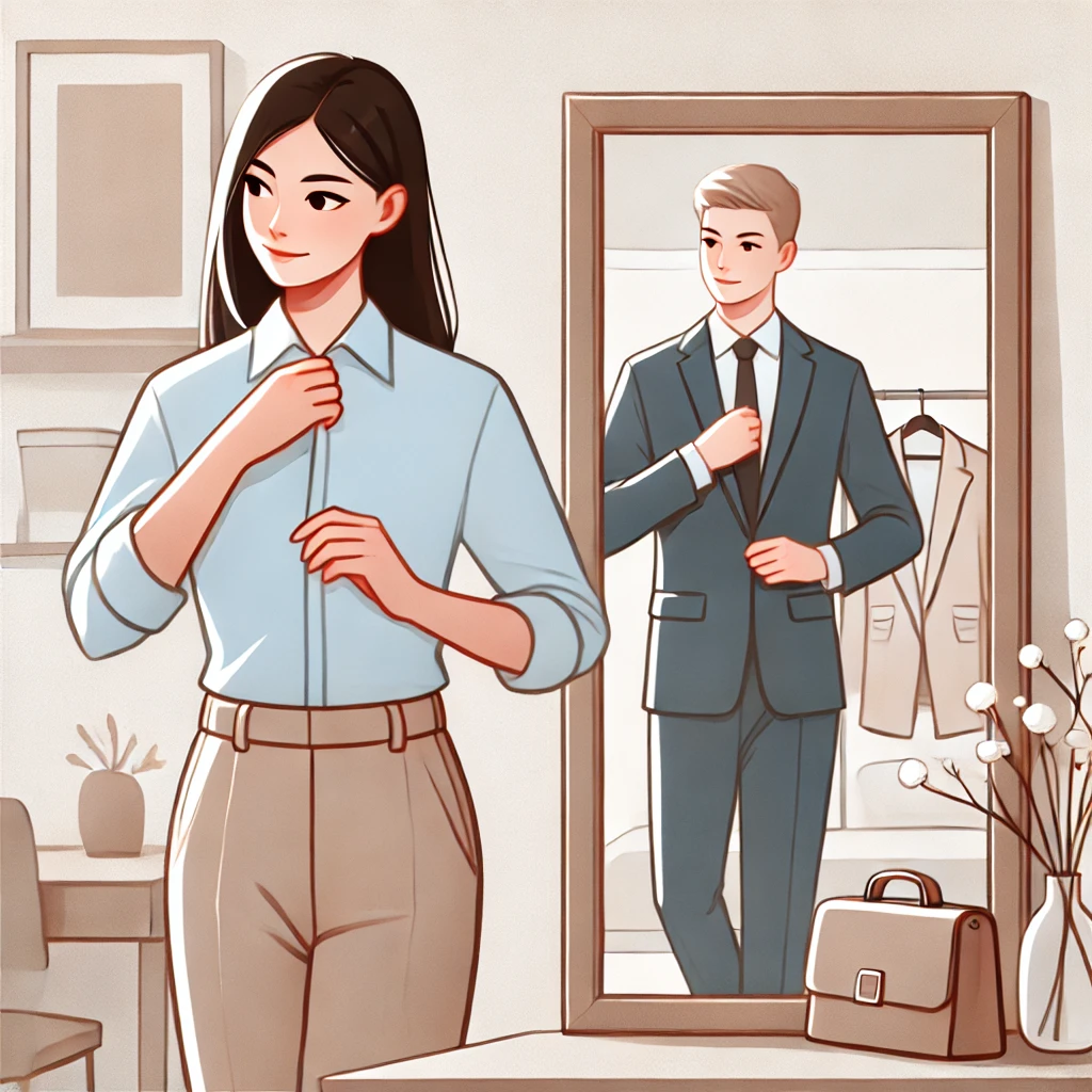 면접을 앞두고 셔츠와 정장을 갖춰 입는 남성과 여성의 모습. 복장을 정돈하며 첫인상을 준비하는 순간을 세련된 일러스트로 표현함.