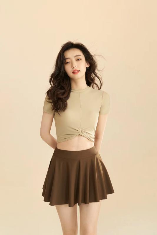 쓰리피스 수영복 반팔꼬임크롭 하이웨스트비키니 배색 스커트 수영복세트