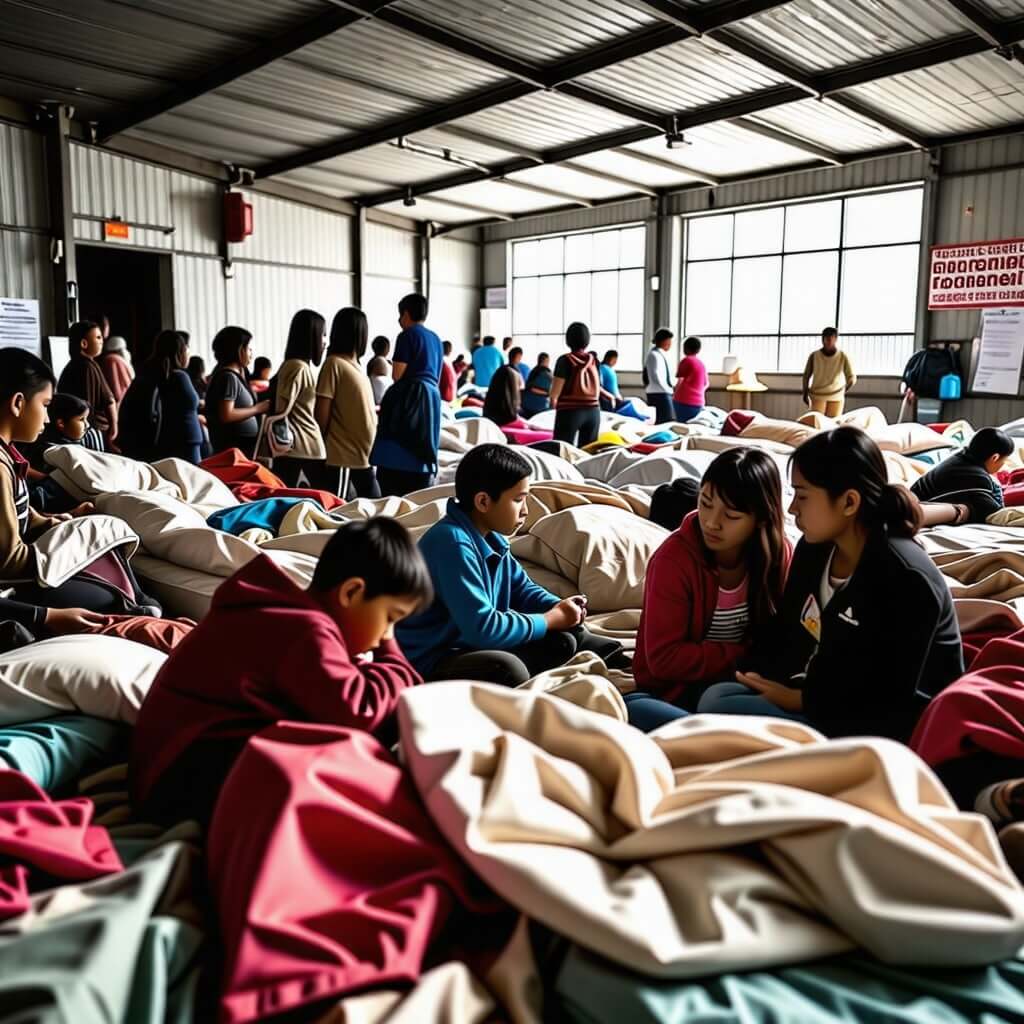 지진 피해자들이 임시 대피소에서 생활하는 모습.