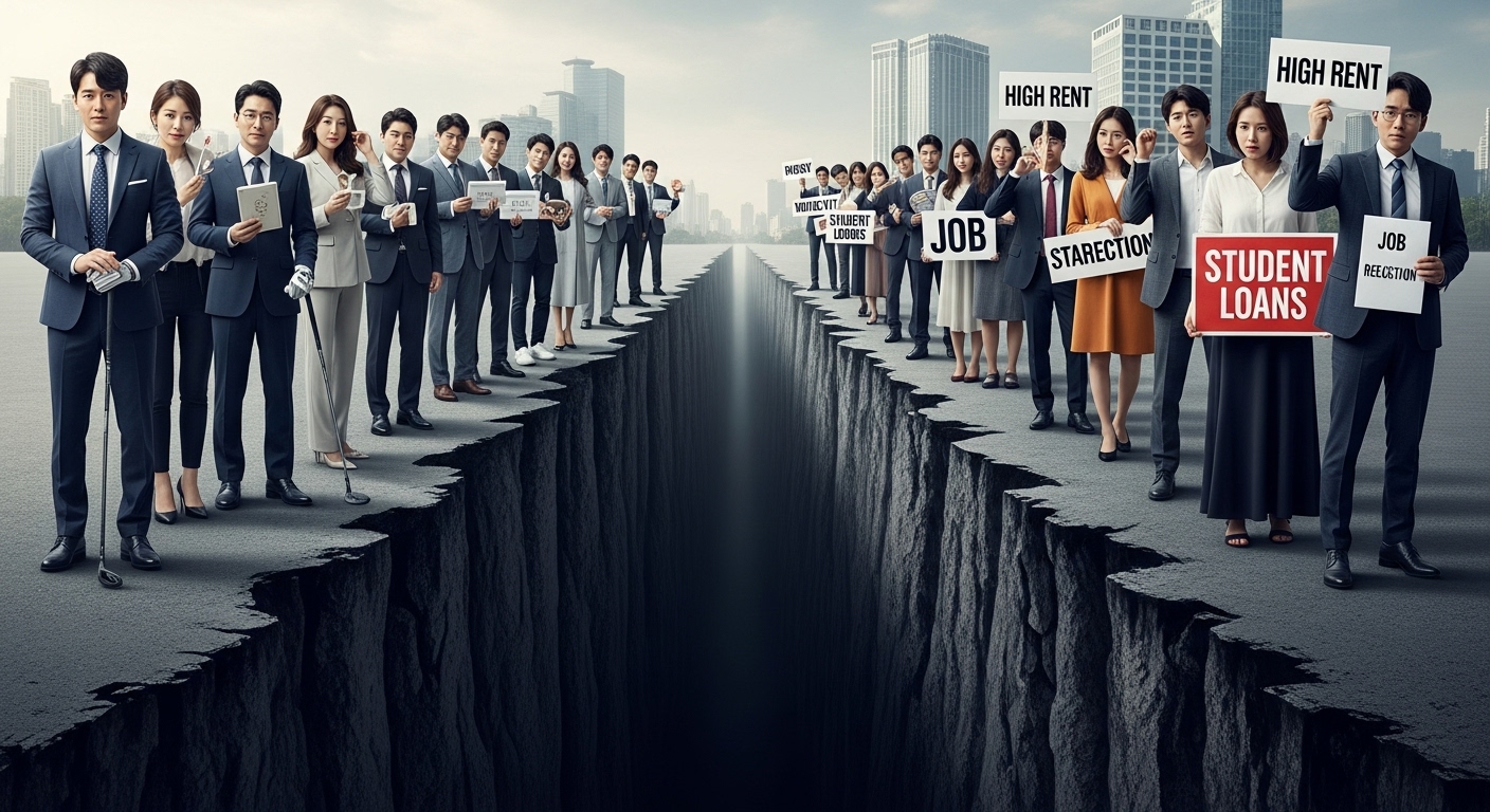 명품을 소비하는 40대와 취업난, 높은 주거비에 좌절하는 2030세대를 통해 드러나는 세대 간 경제적 불평등.